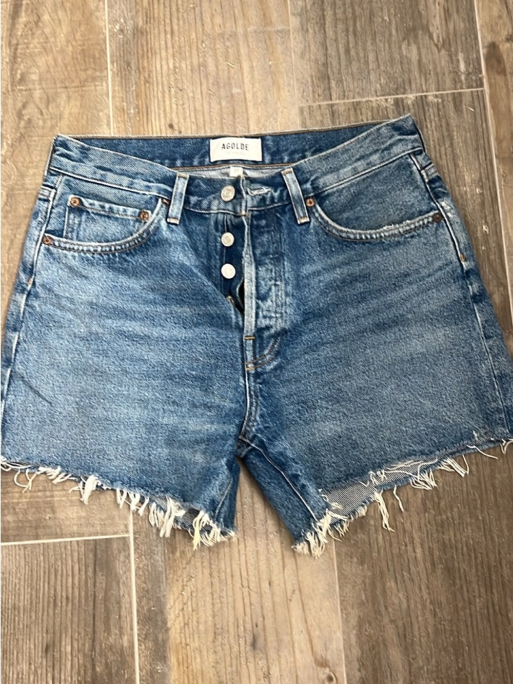 Agolde Medium Blue Button-Fly Frayed Hem Denim Shorts
